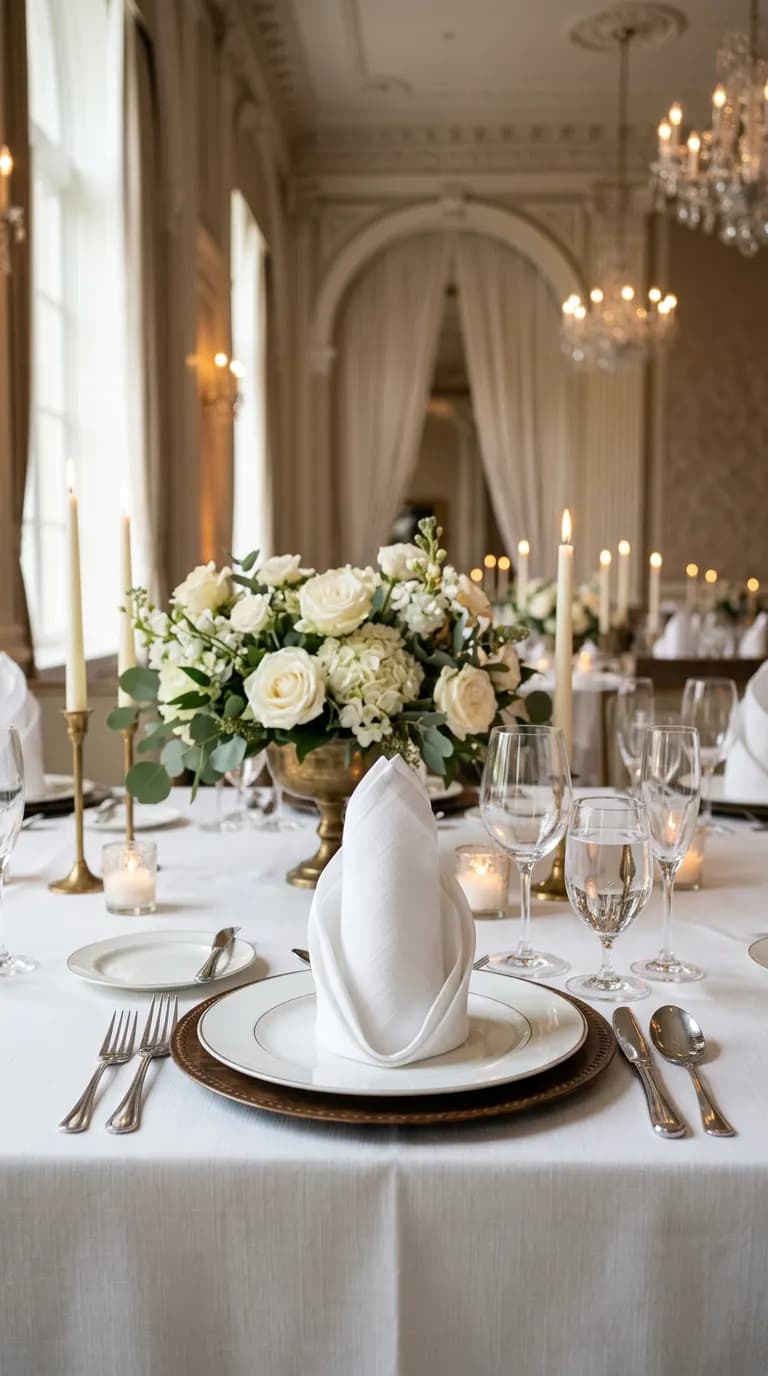 Banquet table dressed in white linen with folded napkins