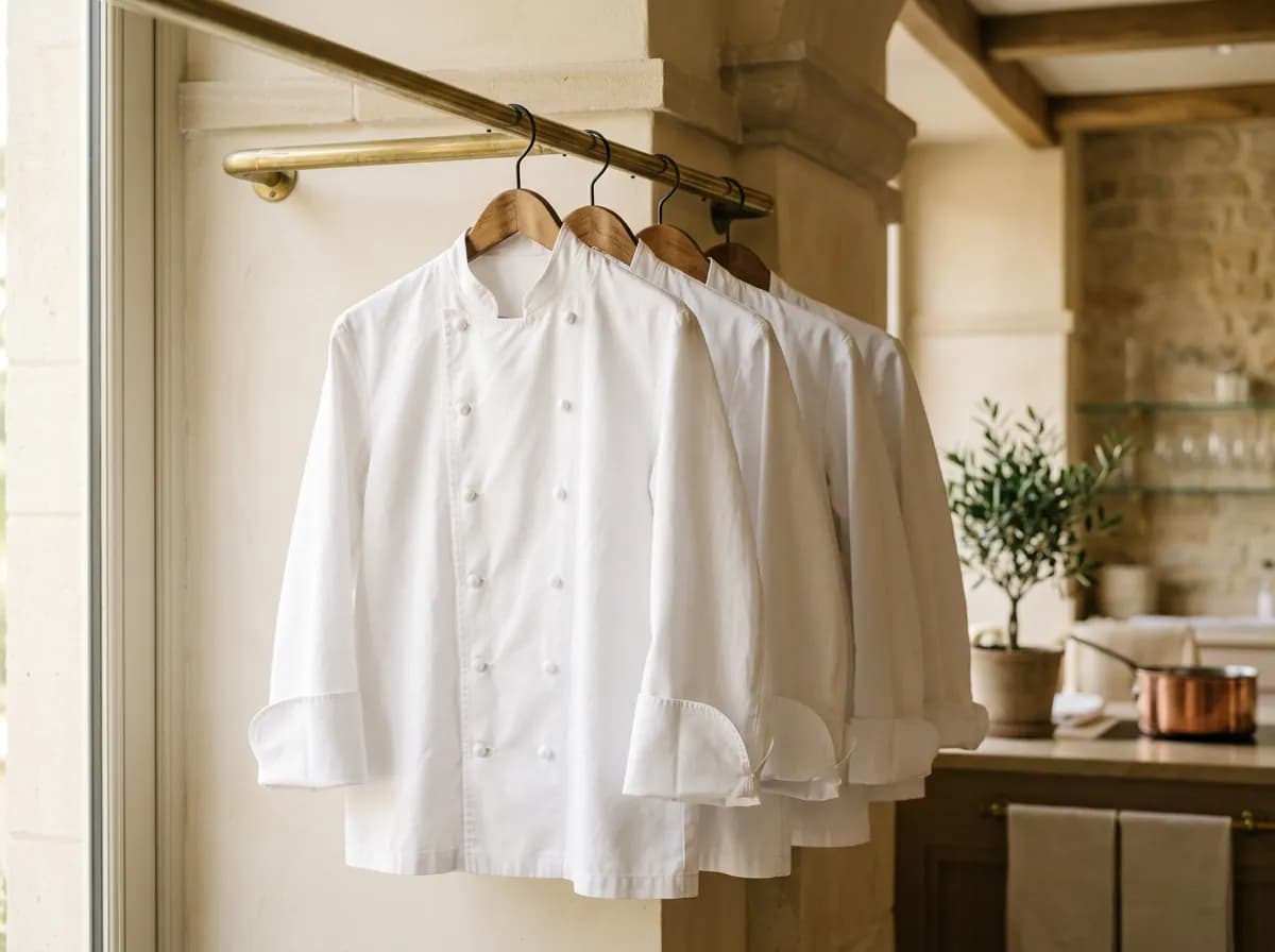 Crisp white chef coats on a brass rail