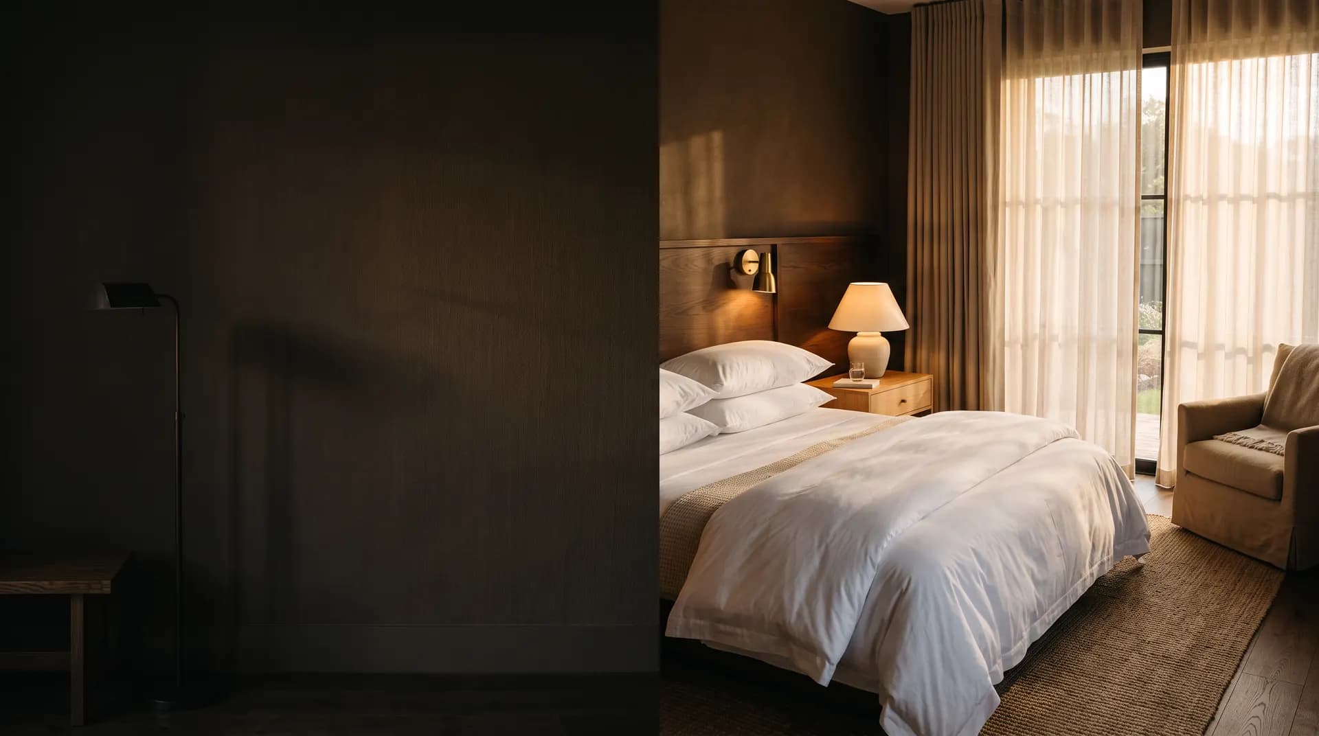 Crisp white hotel bedding in a golden-lit guest suite