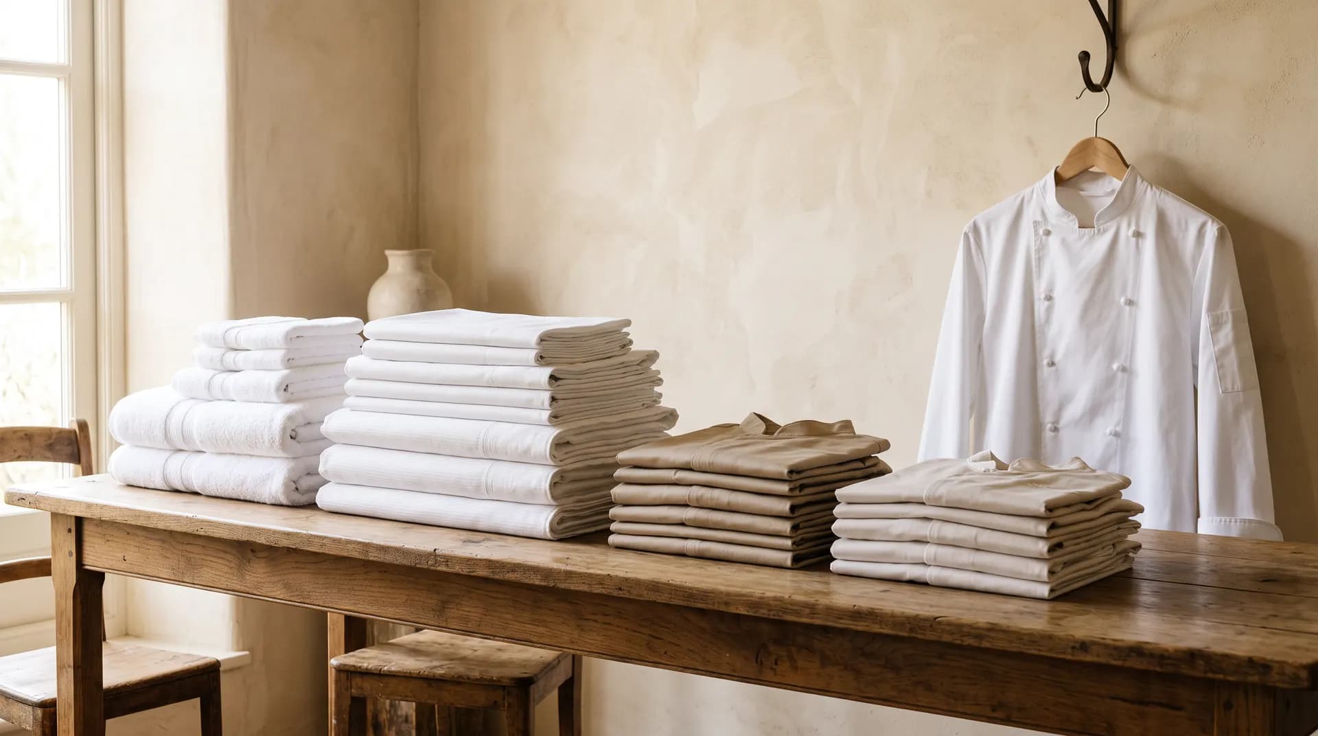 Hospitality supply range — bed linen, towels, housekeeping uniforms, and a chef coat